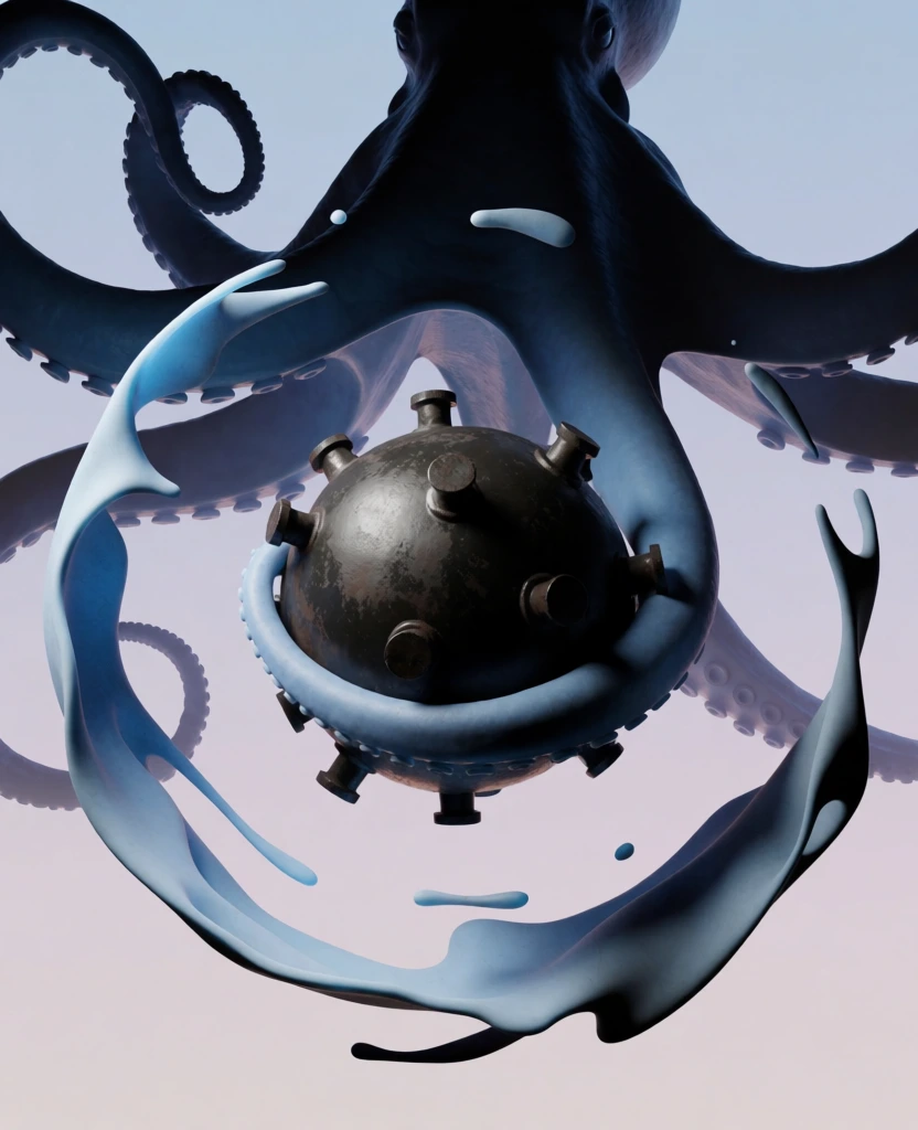 surrealist minimalism, a colossal kraken silhouette tightly coiled around a spherical naval bomb, frozen arcs of splashing water, sweeping parabolic curves of matte fluid geometry, deep cyan and soft peach atmospheric gradient, volumetric twilight glow, high-contrast shadows, minimalist serif typography "war army kraken" floating in the ethereal negative space, cinematic depth of field, ultra-smooth 3d rendering, pristine matte textures, serene yet ominous mood.