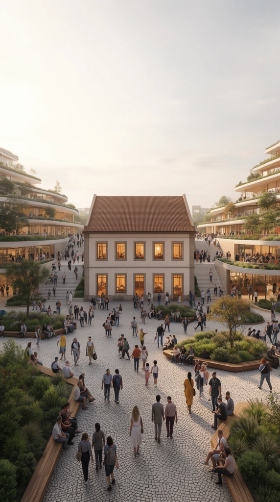 bustling public cobblestone plaza, central historic two-story building with pitched terracotta roof and warm glowing windows, flanked by contemporary multi-tiered structures featuring cascading staircases and lush planted terraces, diverse crowd walking and relaxing on wooden benches, landscaped green planters, soft diffused daylight, pale hazy sky, photorealistic architectural visualization, wide-angle perspective