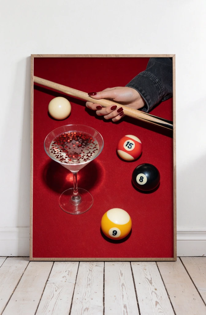 A vertical rectangular framed photograph leaning against a white wall on a light-colored wooden floor depicts a scene on a red felt pool table. Within the photograph, a hand with long fingers and dark red nail polish holds a light brown wooden pool cue horizontally across the upper right section. The hand is clad in a dark grey denim-like sleeve. To the left of the hand, a martini glass with a thin stem and wide bowl contains a clear, bubbling liquid topped with a dense layer of small, red triangular glitter. Four billiard balls are scattered across the vibrant red felt: a yellow and white striped ball with a black "9" at the bottom center, a solid black ball with a white "8" in the middle right, a red and white striped ball with a black "15" just above it, and a solid pale yellow cue ball in the upper left. The numbers "9", "8", and "15" are printed in a black, sans-serif font within white circular backgrounds on their respective balls. The photograph is enclosed in a thin, light-wood frame. The entire composition is captured from a top-down perspective, featuring bright, even lighting that casts soft shadows behind the objects on the felt. The frame sits on a floor made of pale, white-washed wooden planks with visible grain and gaps between the boards, positioned in front of a plain white wall with a simple white baseboard.
