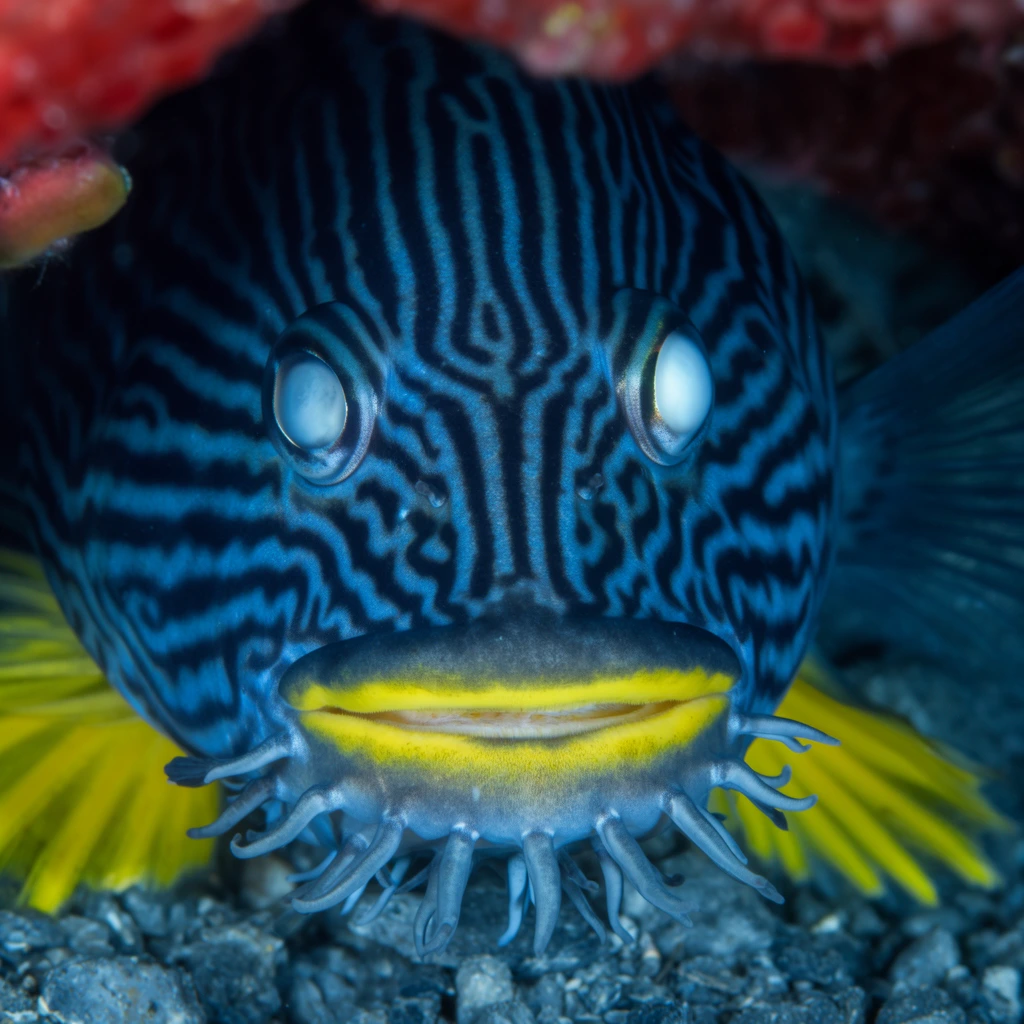 A macro underwater portrait of a broad-headed fish nestled in a dark crevice. The subject displays a striking, maze-like pattern of alternating dark blue and black stripes across its face. Milky, opaque eyes sit above a wide mouth lined in vibrant yellow. Fleshy, finger-like barbels fringe the lower jaw, resting on coarse grey rubble alongside bright yellow pectoral fins. Cool blue lighting accentuates the complex skin textures against the blurred red coral framing the top edge.