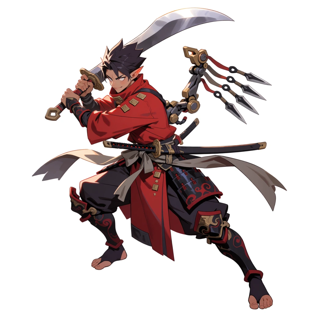 An anime-style warrior with pointed ears and spiky dark hair stands in a dynamic combat pose against a plain white background, wielding a large, curved silver blade. He wears a layered red robe with a high collar and gold square clasps over dark trousers and ornate black and red greaves featuring cloud-like patterns. His expression is one of confident intensity, characterized by sharp eyes and a slight smirk as he holds the heavy sword over his shoulder with both hands. A long, grey sash is tied around his waist, securing two sheathed katanas on his left hip, while a trailing piece of the fabric flows behind him. Extending from his back is an intricate, mechanical prosthetic limb made of gold and grey components that holds four kunai-like throwing knives attached to ribbons. The character's stance is low and wide, with bent knees and feet clad in dark, split-toe tabi socks. This digital illustration uses a three-quarters perspective to emphasize the character's movement and silhouette. The lighting is bright and directional from the upper left, creating soft shadows within the folds of the red fabric and across the dark armor. The color palette is composed of bold reds, deep greys, and blacks, contrasted against the bright white of the background and the polished sheen of the primary weapon.
