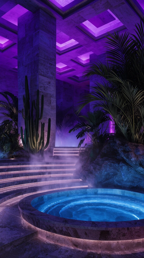 circular stone plunge pool with glowing bright blue water, opulent indoor spa, massive textured stone pillars, recessed geometric ceiling bathed in deep purple light, wide stone stairs with glowing edge illumination, atmospheric mist hovering near the steps, lush tropical palm fronds, tall cacti, rocky outcrop, dramatic neon vaporwave aesthetic, deep shadows, cinematic architectural render, hyper-realistic textures