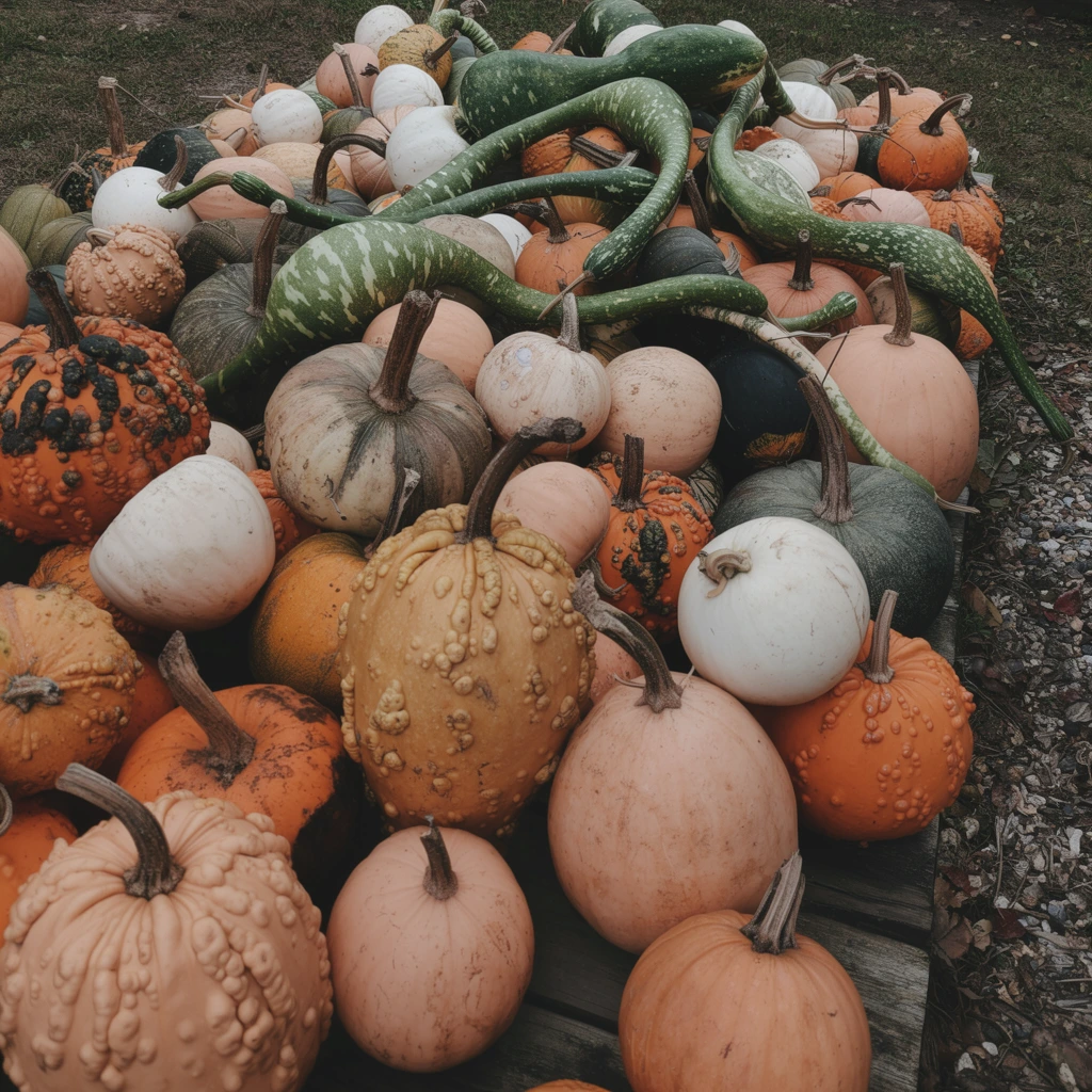 A dense, chaotic pile of harvested gourds and pumpkins rests on weathered wooden planks, filling the frame from foreground to background. The assortment features a diverse array of shapes, sizes, and textures, including smooth, ribbed, and heavily warted surfaces. A muted, autumnal color palette dominates, showcasing deep oranges, pale peaches, creamy whites, and varying shades of sage and dark forest green. Several long, curved, snake-like gourds with speckled green patterns intertwine near the top of the pile. Sturdy, dried brown stems protrude irregularly from the tops of the squash. The wooden base rests on a patch of dirt and sparse grass, with small pebbles and dried leaves visible on the right edge. The lighting is soft and diffused, highlighting the organic curves and tactile imperfections of the harvested produce. The composition is a high-angle, close-up shot, emphasizing the abundance and variety of the collection.