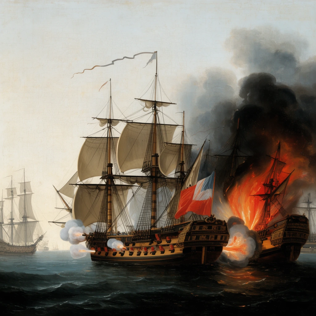 classical oil painting of a naval battle, wooden sailing ship firing cannons, adjacent ship exploding in fire and thick black smoke, dark choppy sea, distant tall ships, pale overcast sky