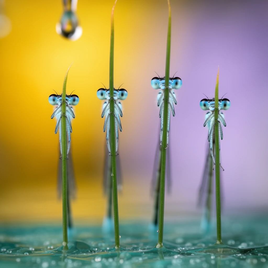 Four delicate blue damselflies cling vertically to thin green stalks rising from a wet, teal surface dotted with tiny droplets. Aligned in a row, the insects face forward with prominent compound eyes and slender legs grasping the stems. Captured via macro photography with a shallow depth of field, the sharp subjects contrast against a luminous, heavily blurred background. The backdrop forms a smooth gradient from vibrant golden-yellow on the left to soft lavender on the right, punctuated by a large out-of-focus hanging water droplet in the upper left corner.