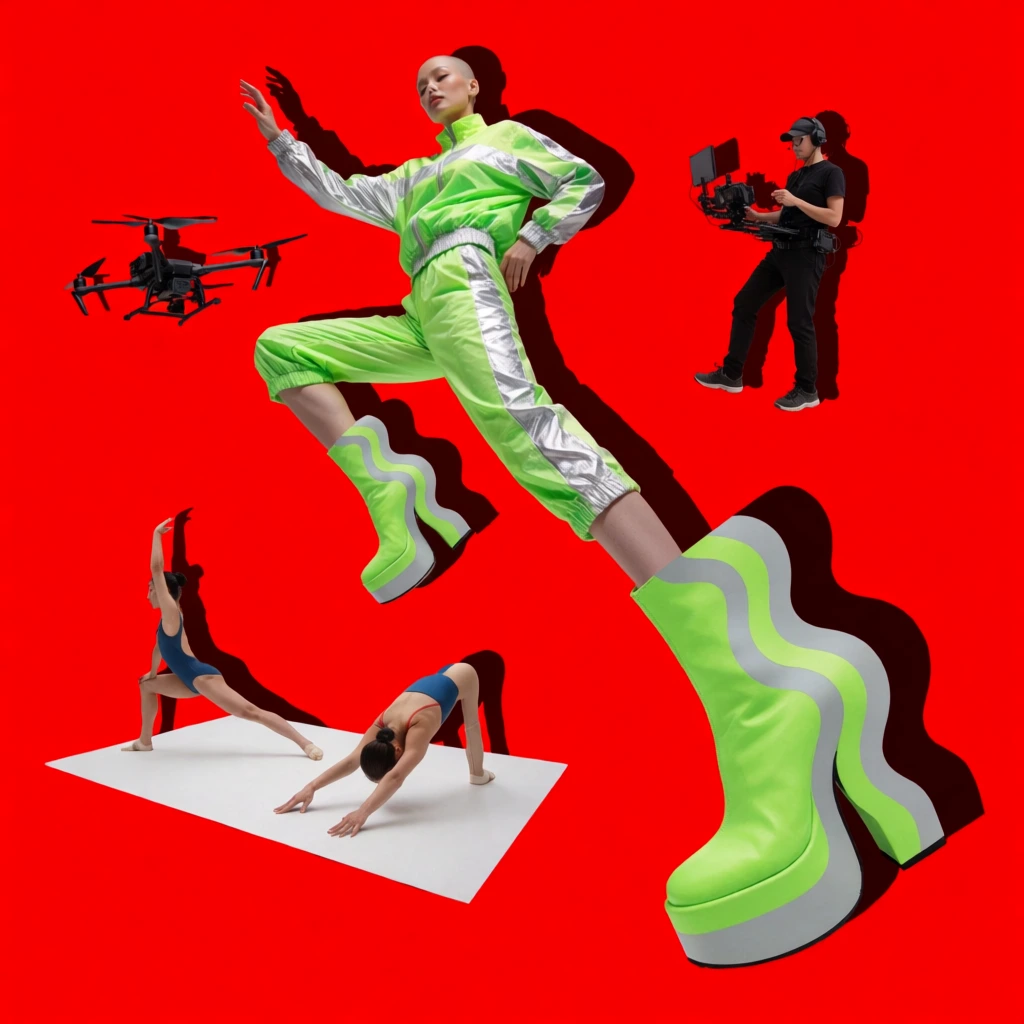A dynamic digital collage on a bright red background centers on an athletic woman with a shaved head suspended mid-air. She wears a neon green and silver tracksuit with wavy platform boots. Surrounding her are smaller floating cutouts: a drone operator, and two gymnasts stretching on a white rectangular mat. A massive stylized wavy boot dominates the lower right corner. The composition mimics a surreal fashion mood board with stark lighting, crisp cutouts, contrasting drop shadows, and sharp geometric framing.