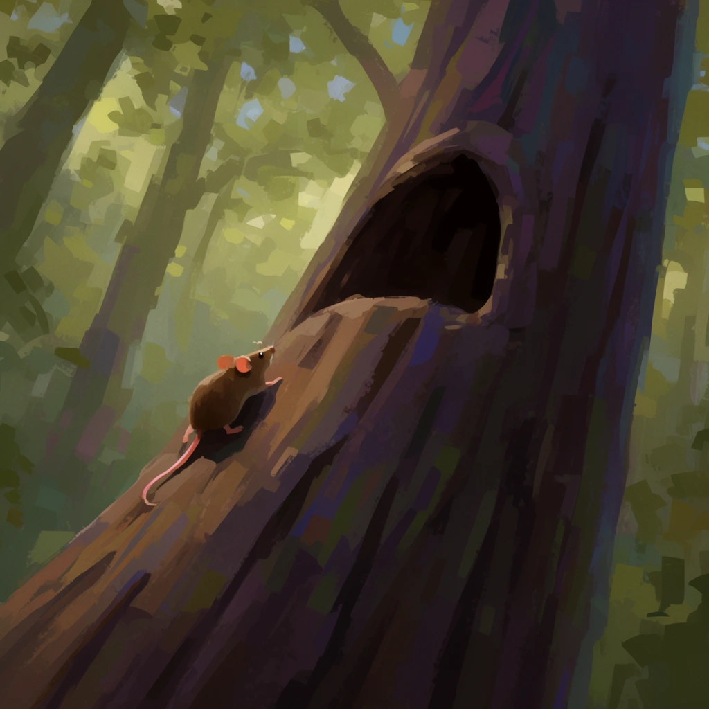 A small brown mouse climbs a massive, angled tree trunk toward a dark arched hollow. Rendered as an impressionistic digital painting with distinct blocky brushstrokes, the low-angle view highlights the towering tree. Soft dappled sunlight filters through a hazy forest canopy in a muted palette of olive greens, deep purples, and warm browns.