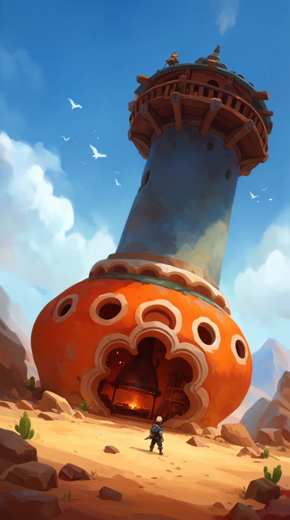 massive leaning cylindrical tower in a rocky desert landscape, bulbous orange base with large scalloped circular openings revealing an interior forge, tall blue-grey shaft topped with a wooden balcony, tiny adventurer on the sand facing the entrance, another small figure overlooking from the peak, scattered rocks and small cacti, distant mountains, bright blue sky with fluffy clouds and soaring white birds, low angle perspective emphasizing towering scale, vibrant orange and blue color palette, bright daylight, stylized fantasy illustration