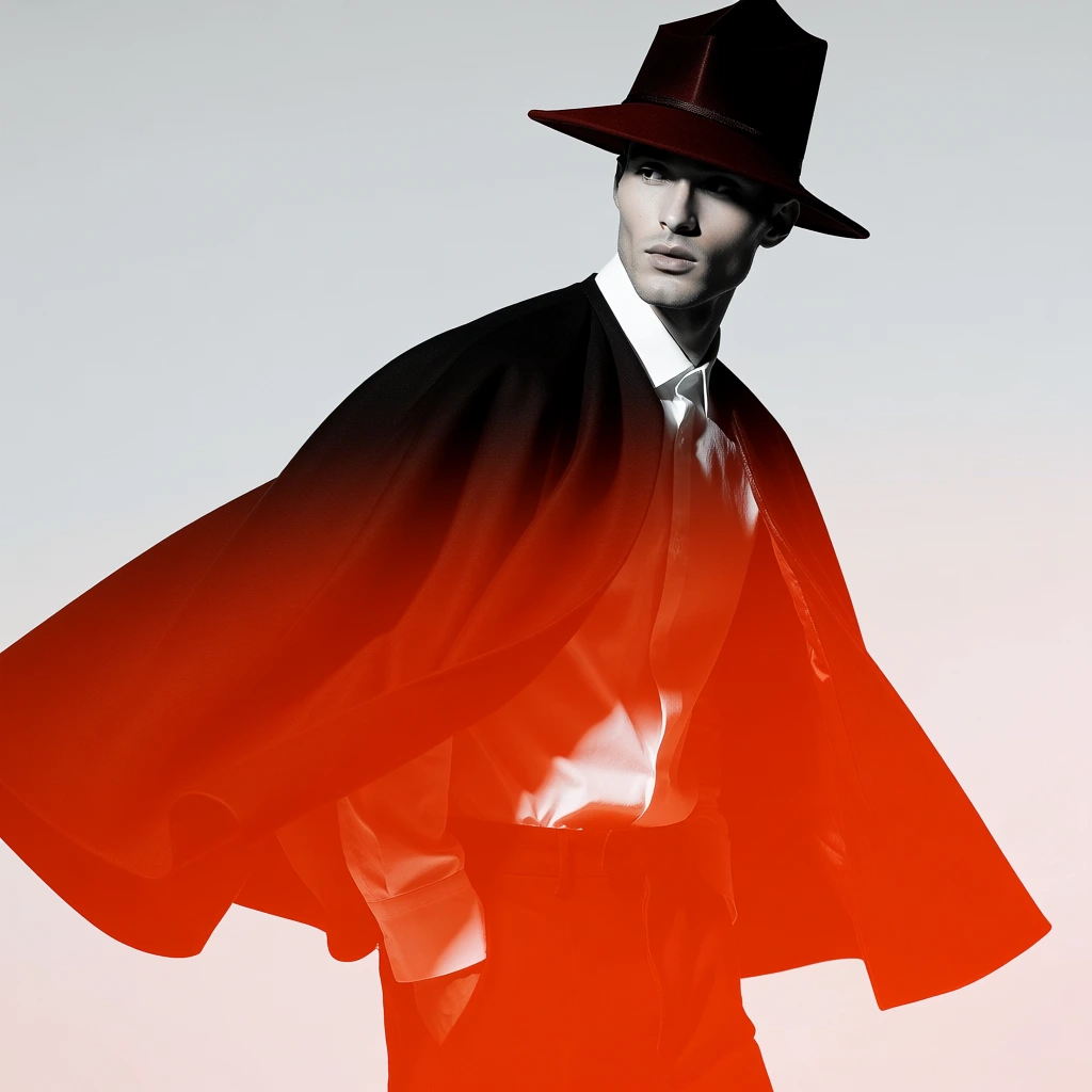a man wearing a structured hat swirling a voluminous large cape in a dynamic motion, high-fashion editorial portrait, saturated monochromatic magenta-red tint applied to the central figure, striking high-contrast studio lighting, sharp focus on facial features and flowing fabric, minimalist cool gray background, clean graphic aesthetic, bold duotone color palette, sophisticated brand identity style, smooth gradients, intense luminosity