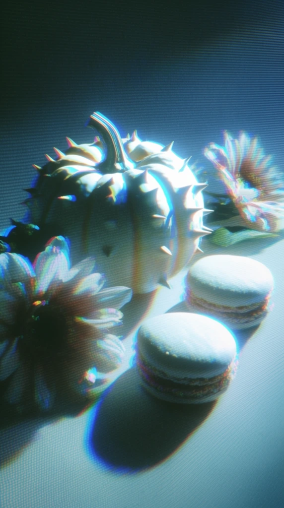 A spiked pumpkin, two macarons, and flowers are arranged on a flat, smooth surface, completely enveloped in a heavy CRT monitor display aesthetic. The central pumpkin features sharp, protruding spikes, positioned alongside the two smooth, circular macarons and the scattered blooms. A harsh, bright directional light strikes the arrangement, creating blown-out, intensely glowing white and cyan highlights on the contours of the spikes, petals, and pastries, while casting long, deep, cool-toned shadows across the stark surface. The entire composition is overlaid with dense, highly visible horizontal and diagonal scanlines, generating a pronounced moiré pattern across the frame. Severe chromatic aberration fractures the light, outlining the edges of the pumpkin, macarons, and flowers with vivid neon cyan, electric blue, and magenta color fringing. The overall color palette is dominated by cold, luminous teals, bright whites, and crushed dark blues, presenting the still life through a retro-futuristic, lo-fi digital screen capture with a visible RGB pixel grid texture and high-contrast, synthetic lighting artifacts.
