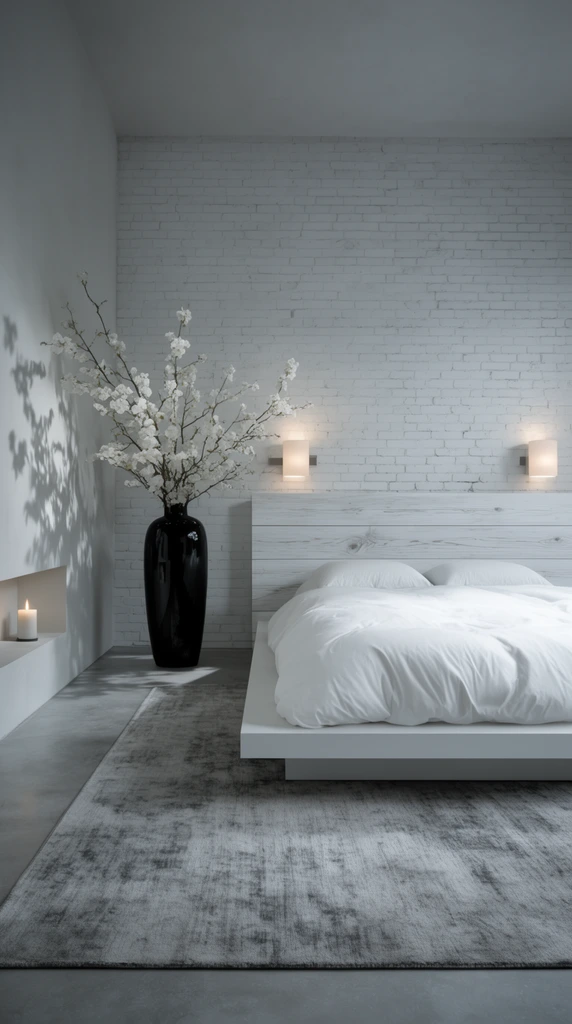 minimalist contemporary bedroom, stark white platform bed with plush duvet, whitewashed wood headboard against white painted brick wall, symmetrical warm wall sconces, tall glossy black vase with sprawling white blossoms casting organic shadows, large textured grey area rug over smooth concrete floor, recessed wall niche with lit candle, stark monochromatic cool grey and white palette, moody diffused lighting, architectural interior photography