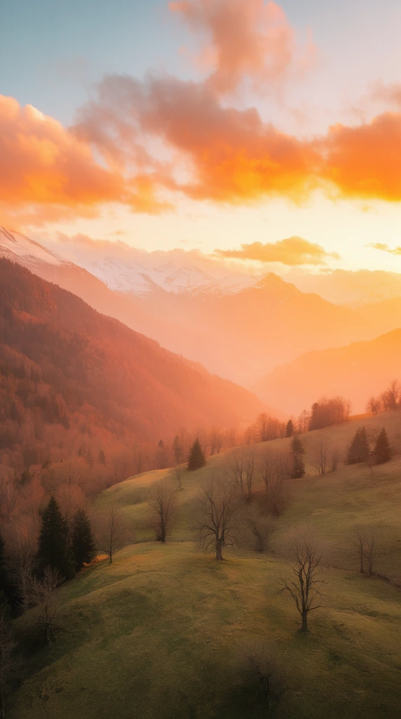 A sweeping mountain landscape bathed in the radiant glow of a vibrant sunset. Rolling grassy hills in the foreground are dotted with bare deciduous trees and scattered dark evergreens. A steep forested slope rises on the left, blanketed in muted rust and olive hues. Distant snow-capped mountain peaks emerge through a soft, luminous atmospheric haze. The sky transitions from pale blue to golden yellow, filled with dramatic clouds catching intense orange and peach light. The wide-angle landscape composition emphasizes immense depth and the ethereal aerial perspective of the glowing valleys.