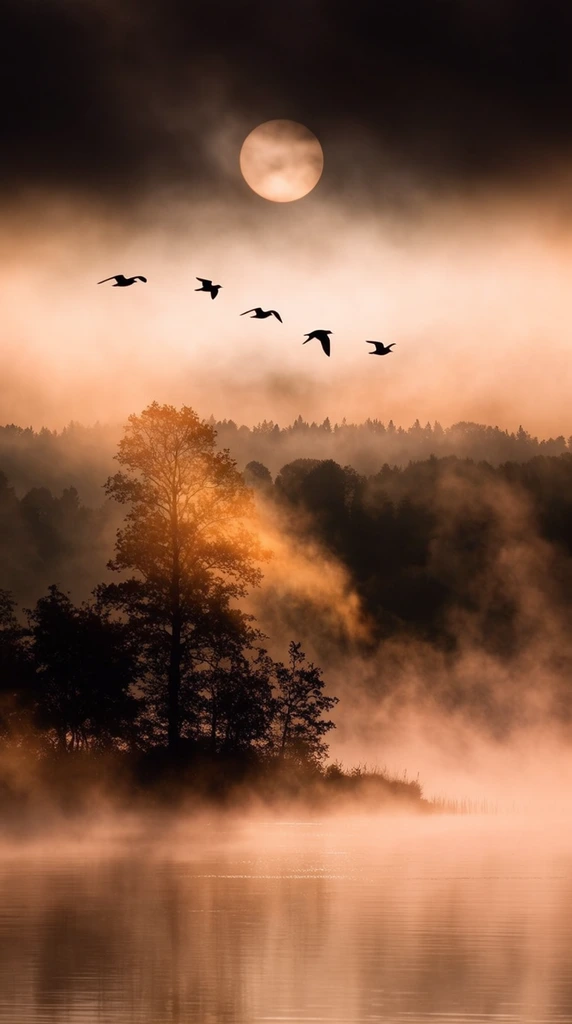 Five silhouetted birds fly across a luminous amber sky pierced by a pale, hazy sun and framed by heavy dark clouds. Ethereal mist rolls across a calm lake below, enveloping a midground island of dark silhouetted trees where one tall tree catches the golden light. A foggy forest ridgeline recedes into the background. This atmospheric landscape photography features deep sepia and peach tones, cinematic backlighting, and layered telephoto compression emphasizing the glowing vapor and stark silhouettes.