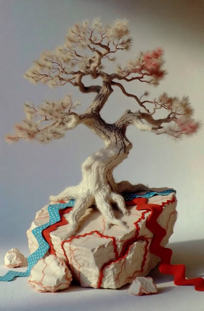 central composition of a gnarled tree on fractured bedrock, studio portraiture style, soft diffused lighting against a creamy off-white seamless background, muted color palette with vibrant red rickrack and cyan polka-dot accents integrated into the scenery, hyper-realistic textures of weathered bark and stone, uncanny and surreal atmosphere, vintage film aesthetic, minimalist framing, tactile high-detail rendering, soft shadows.