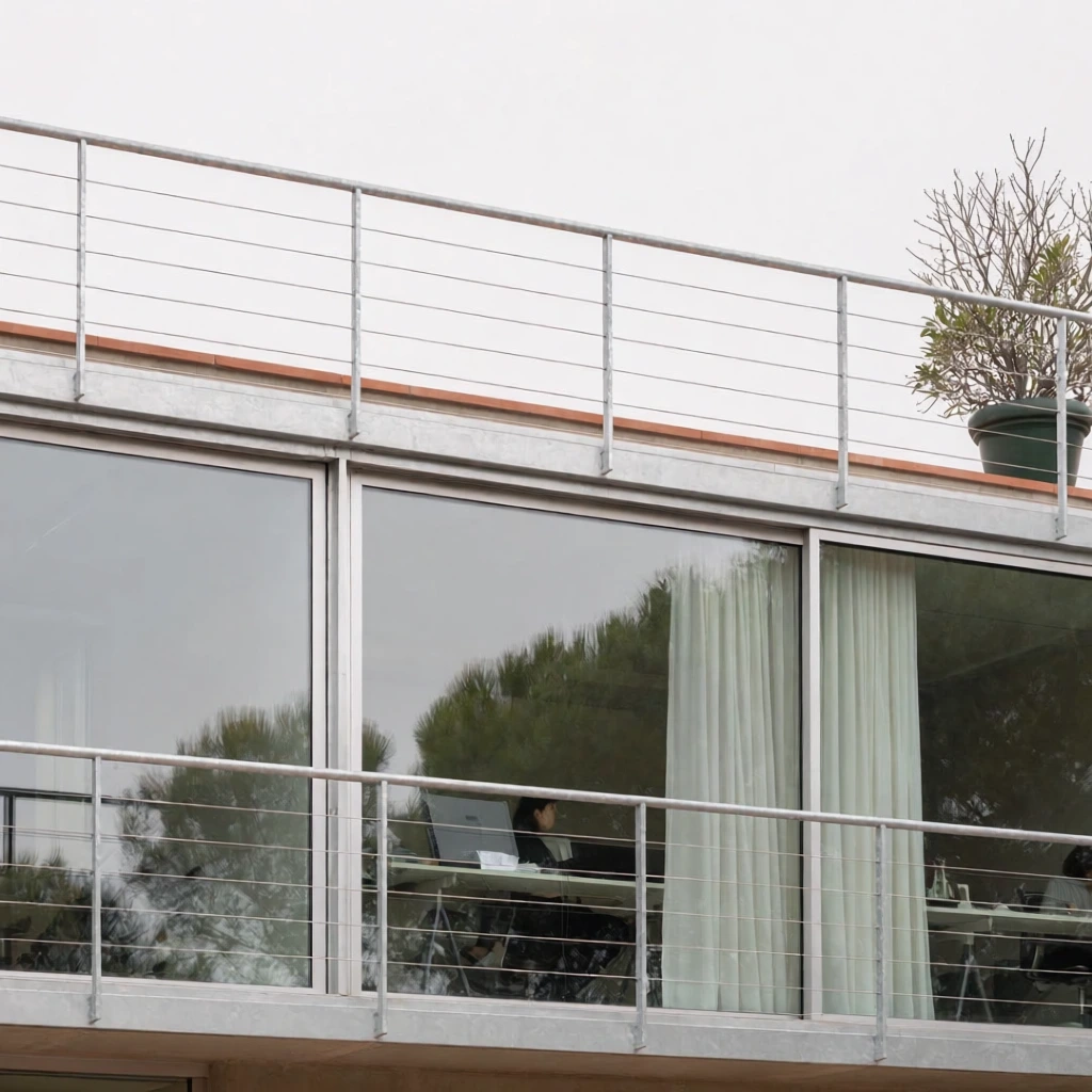 A modern multi-story building facade featuring expansive floor-to-ceiling windows and silver metal balconies under an overcast sky. The large glass panes reflect nearby pine trees, revealing a lower interior workspace where a person sits at a desk beside partially drawn sheer white curtains. An upper balcony displays horizontal wire railings, subtle terracotta ledge trim, and a dark green potted plant with bare branches. Shot from a low angle with soft diffused daylight and a minimalist color palette.