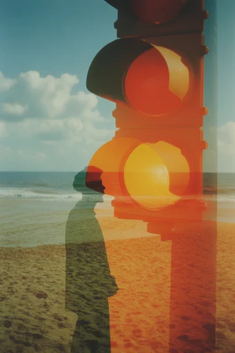 Nostalgic Surrealist Double-Exposure style reference image — analog film grain