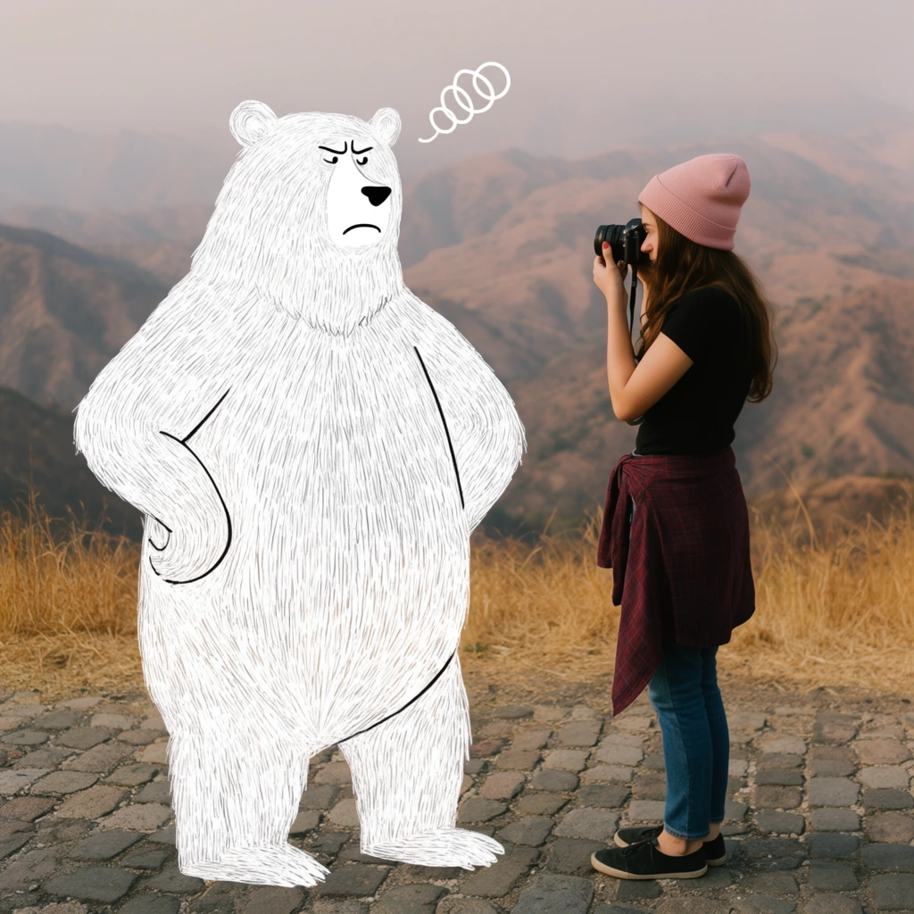 A young woman takes a photograph of a large, hand-drawn white bear standing on a cobblestone path overlooking a mountainous landscape. The woman stands in profile facing left, wearing a black short-sleeved top, blue jeans, a maroon plaid shirt tied around her waist, and a pink beanie, holding a black camera up to her eye. Directly in front of her, the sketched white bear is rendered in dense, textured white lines overlaid onto the photographic scene. The bear stands upright with its hands resting on its hips, displaying a furrowed brow, a frowning mouth, and a squiggly spiral line floating above its head. The background features rolling, hazy brown mountains and dry yellow grass under a pale, diffused sky, highlighting the mixed media contrast between the realistic scenic photography and the flat two-dimensional line art.