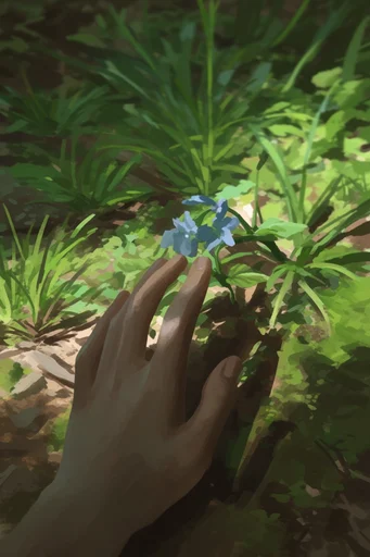 Nostalgic Ghibli Woodlands style reference image — dappled sunlight