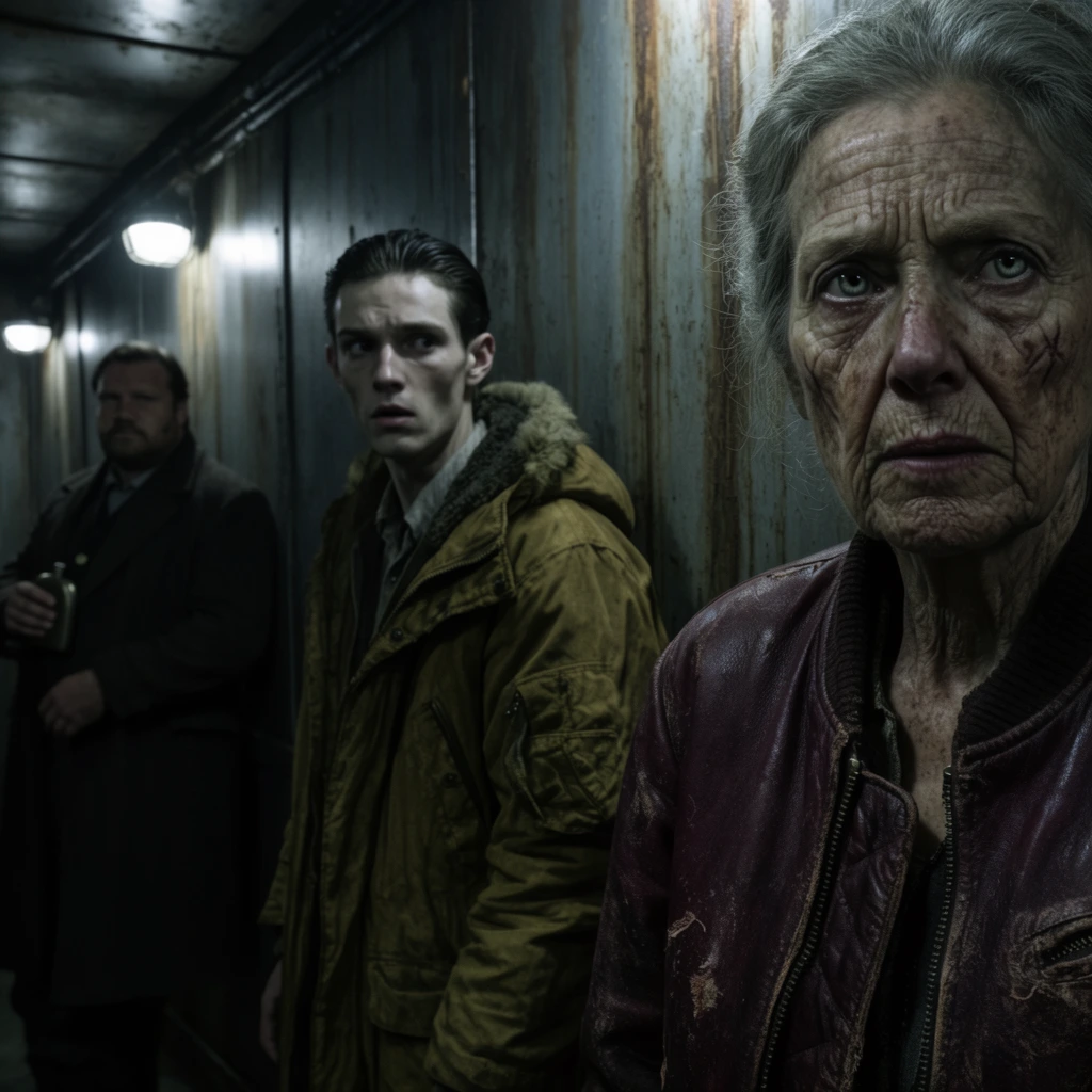 A tense cinematic widescreen shot inside a claustrophobic, dimly lit corridor with rust-stained vertical metal paneling. In the extreme right foreground, a close-up captures the deeply weathered, scarred face of an elderly woman with piercing pale eyes, wearing a frayed burgundy leather bomber jacket. In the midground, a gaunt young man with slicked-back dark hair wears a heavy mustard parka, gazing off-camera with a fearful expression. In the blurred left background, a broad-shouldered figure in an overcoat leans against the wall holding a flask. Harsh directional lighting from wall sconces creates deep shadows, emphasizing the gritty, high-contrast atmosphere, muted cool-toned palette, and shallow depth of field.