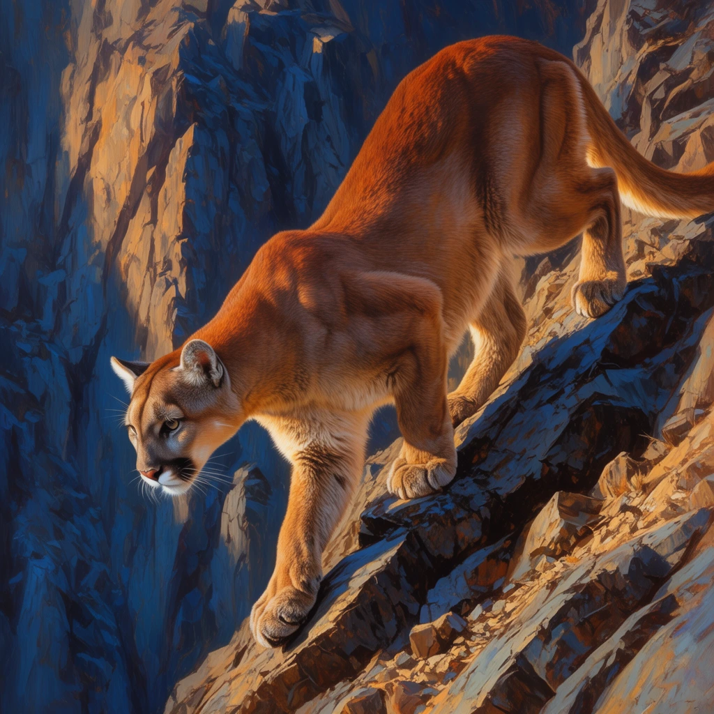 mountain lion descending steep jagged cliff, muscular tawny body stretching downward, golden hour sunlight illuminating fur, deep blue rock crevices, hyper-realistic wildlife painting, warm rust and earth tones