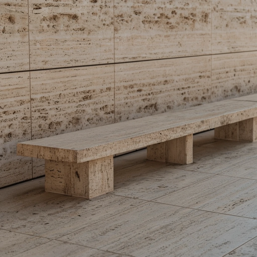 A long minimalist bench crafted from heavily pitted light tan travertine rests against a matching paneled wall and tiled floor. The monolithic stone design features a thick rectangular seat supported by block-like legs. Soft diffused lighting highlights deep textural pores and linear striations across the continuous monochromatic beige surfaces in this oblique architectural perspective.