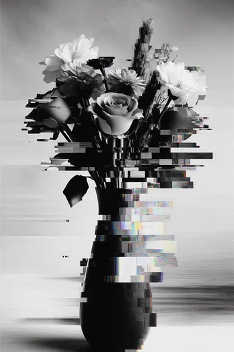 Monochrome Glitch Brutalism style reference image — data corruption