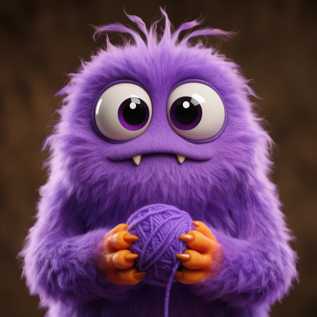 A fluffy, vibrant purple monster with oversized eyes and tiny underbite fangs holds a ball of purple yarn in its orange, clawed paws. The creature features dense, shaggy fur with wispy upright strands on its head. Rendered in a high-resolution 3D style with photorealistic textures, soft studio lighting, and a shallow depth of field, isolating the brightly colored subject against a softly blurred, dark brown backdrop.