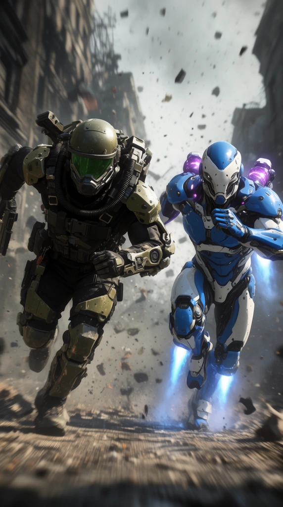 Two armored warriors sprint through a devastated city street amid flying debris. The left figure wears a tactical olive-green exoskeleton, a domed helmet with a green visor, and a heavy black harness. The right figure is a cyborg in sleek blue and white ceramic armor, propelled by blue plasma boot jets and glowing purple shoulder cores. Blurred ruined buildings fade into a hazy sky. A dynamic low camera angle and high-contrast cinematic lighting emphasize their intense forward momentum.