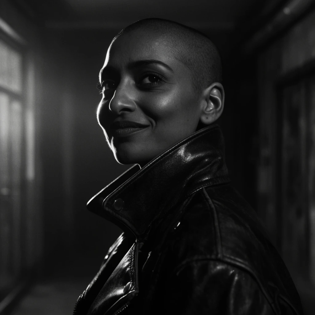 A black and white cinematic neo-noir portrait of a South Asian woman with a shaved head in a dimly lit corridor. She wears a thick, high-collared leather motorcycle jacket, holding a confident smirk while gazing off-camera. Dramatic high-contrast rim lighting sculpts the left side of her face, illuminating her strong jawline and the jacket's polished collar. Captured in an atmospheric medium close-up, the background fades into deep, impenetrable shadows, creating a highly textured and moody scene.
