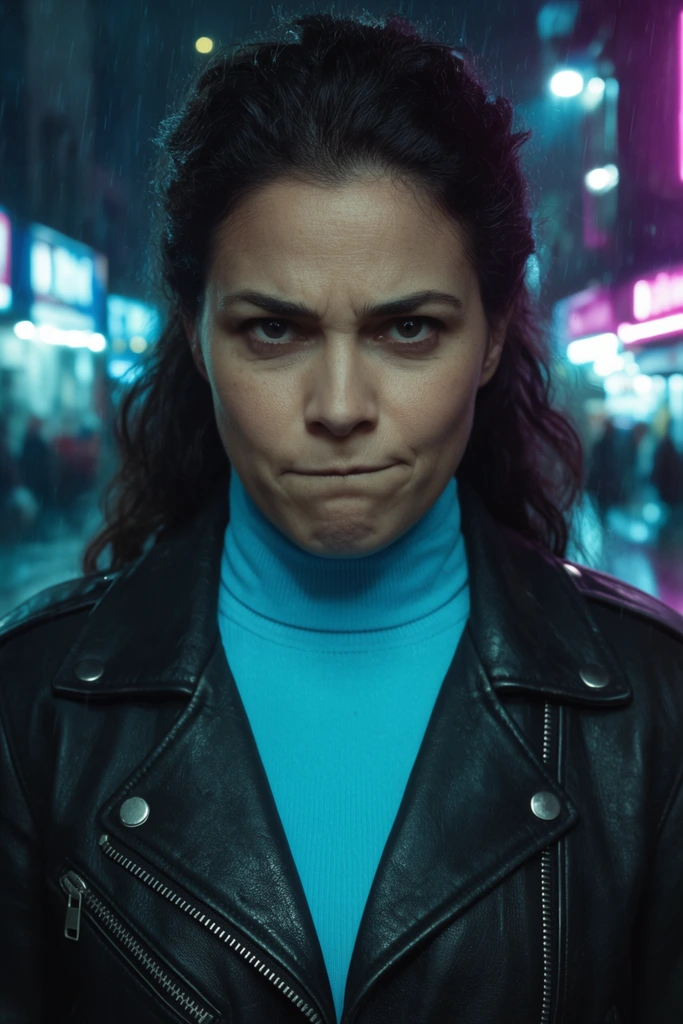Close-up portrait of a woman with thick dark wavy hair pulled back, intense stare, lips pressed tightly together, wearing a black leather motorcycle jacket with heavy silver zippers over a bright cyan turtleneck, out of focus rainy city street at night in the background, glowing blurred neon signs, cyan and deep magenta high-contrast cinematic lighting, shallow depth of field, sharp focus on facial features