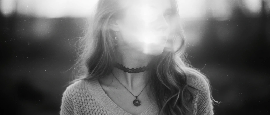 A black and white soft-focus portrait of a young woman with long wavy hair looking away, her face dramatically obscured by an intense glowing light leak. She wears a thin lace choker, a pendant necklace, and a textured V-neck sweater against a dark blurred background. Heavy film grain and a dreamlike diffusion filter create an ethereal vintage aesthetic.