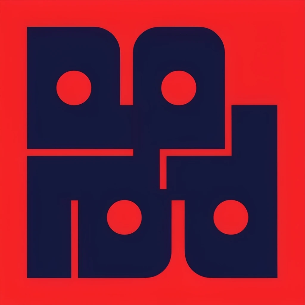 dark navy blue blocky geometric shapes, thick interlocking forms with circular voids, vibrant solid red background, minimalist abstract graphic design, flat color palette, high contrast