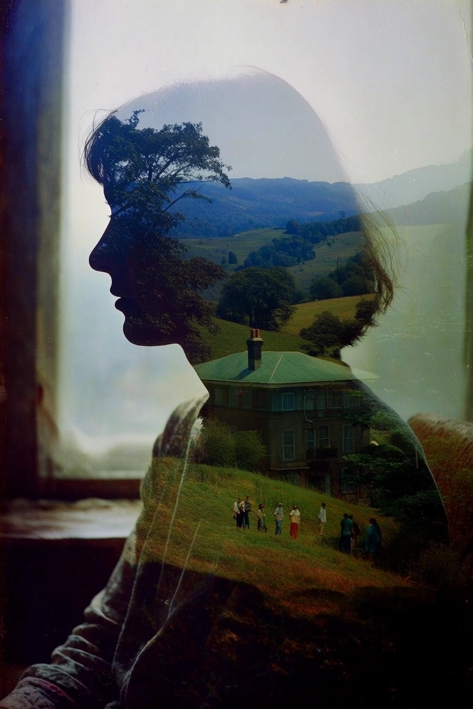Nostalgic Surrealist Double-Exposure style AI image example 1