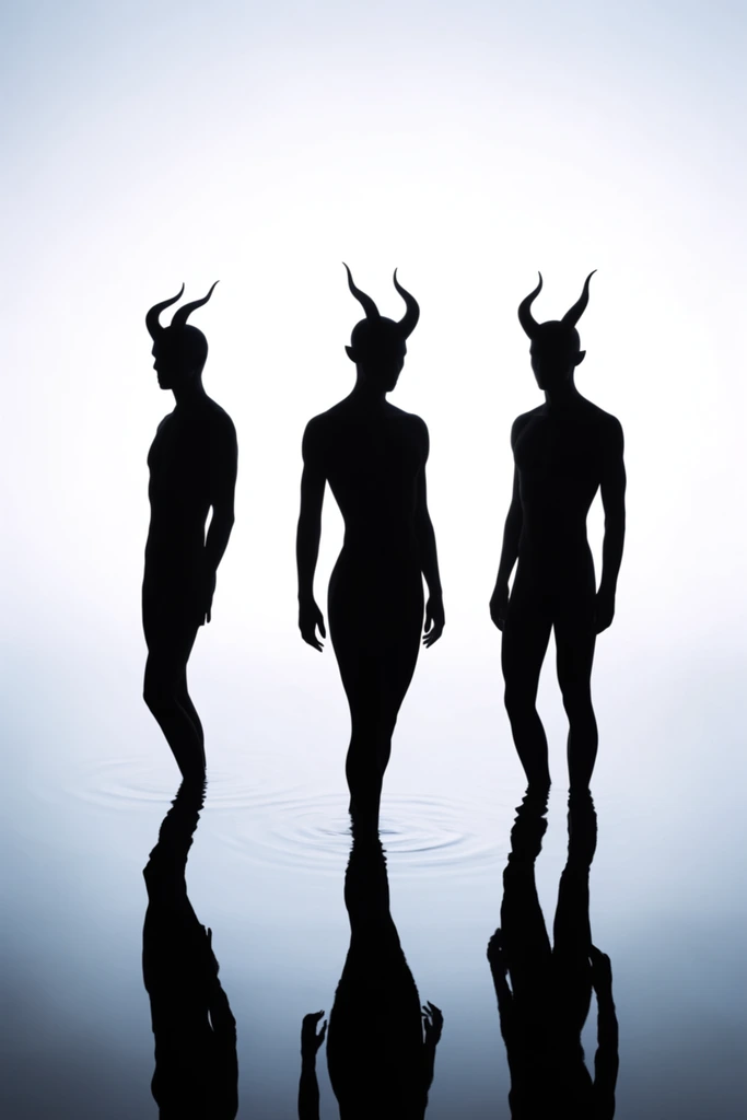 Three distinct views of a horned humanoid creature presented as stark, pitch-black silhouettes against a brilliantly illuminated, pure white and pale icy-blue gradient backdrop. The uniform, entirely solid black shapes feature razor-sharp, precise contours that clearly define the prominent horns and striking anatomical lines of each pose. The figures stand atop a perfectly calm, mirror-like fluid surface that captures exact, deep black reflections extending downward, accented by subtle, concentric ripples at the points of contact. An extreme backlight creates a highly graphic, minimalist composition with immense tonal contrast, utilizing expansive pristine white space to frame the elegant, ethereal interplay of absolute shadow against blown-out light.
