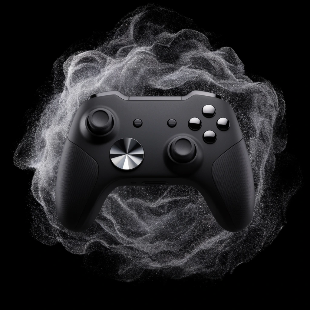 A matte black video game controller floats against a pitch-black background, framed by an explosive swirling halo of illuminated silver particles. The peripheral features ergonomic handles with textured grips, dual thumbsticks, a faceted metallic circular directional pad, and four polished circular buttons. The dynamic dust cloud radiating behind the object forms organic waves of microscopic specks resembling frozen smoke. The macro studio composition uses dramatic spotlighting to emphasize the stark monochromatic textures.