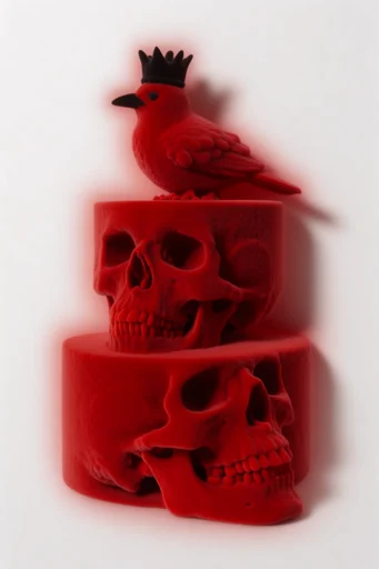 Crimson Surrealist Editorial style reference image — minimalist white background