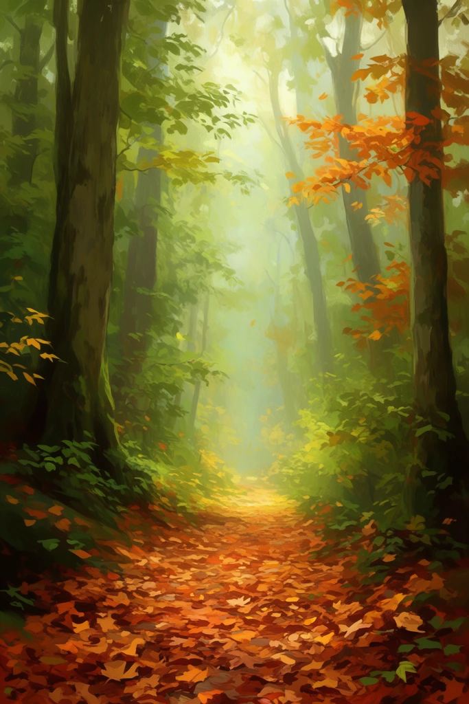 tranquil forest path blanketed in fallen autumn leaves, towering trees framing a glowing central vanishing point, dense foliage transitioning from vibrant green to warm orange, soft misty atmospheric background, ethereal sunlight filtering down, expressive digital painting style, visible brushstrokes, rich earthy color palette