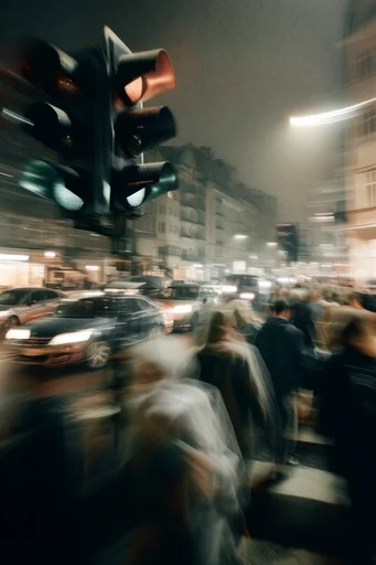 Cinematic Urban Solitude style reference image — motion blur crowd