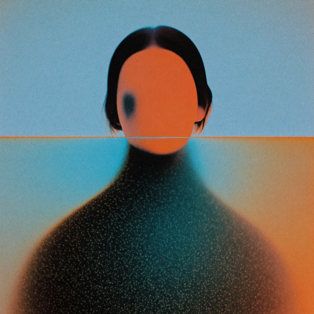 A minimalist, abstract digital portrait of a faceless figure is positioned centrally against a horizontally divided background of blue and warm orange tones. The figure's head is a smooth, rounded shape with dark hair framing a face that lacks features, rendered as a solid, flat orange surface with a single dark smudge on its left side. A sharp horizontal line bisects the image, cutting across the lower portion of the face at chin level. Above this line, the background is a solid, grainy light blue. Below the line, the figure's neck and shoulders blur into a large, dark, textured silhouette that tapers outward towards the bottom of the frame. This silhouette is filled with a dense pattern of small, light-colored specks, resembling dust or distant stars against a dark void. The colors below the horizontal boundary transition from a bright cyan near the line to deep teal in the center and muted orange-brown toward the right edge. The entire composition is characterized by a heavy, uniform grain or stippled noise texture, creating a lo-fi, vintage aesthetic. The camera angle is a direct, front-facing medium close-up, and the lighting is diffuse and non-directional, resulting in a dreamlike atmosphere defined by a high-contrast color palette of cool teals and warm oranges.
