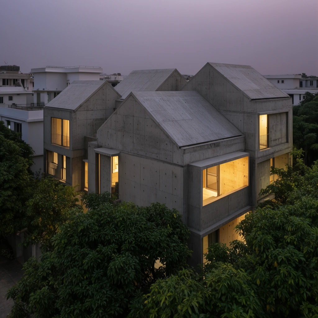 multi-gabled modern concrete house at dusk, brutalist residential architecture, raw grey concrete exterior with visible form tie holes, interconnected pitched roofs, large recessed windows emitting warm yellow light, glowing open balcony, dense leafy green trees surrounding the lower levels, flat-roofed white buildings in distant background, purplish-grey twilight sky, elevated architectural photography, contrast between cool concrete and warm interior lighting