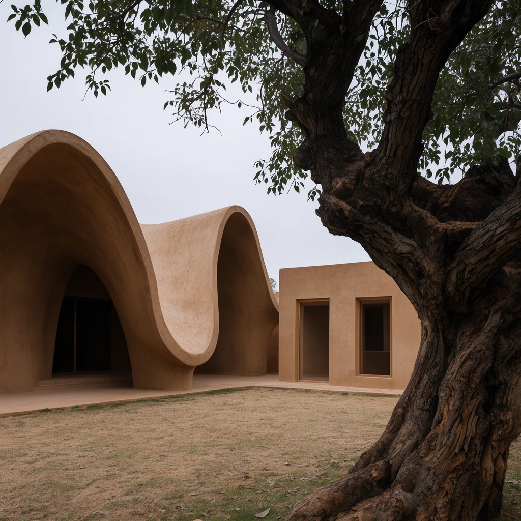 Modern earthen architecture pairs an undulating, sculptural roof structure with a minimalist flat-roofed building. A massive gnarled tree dominates the right foreground above a sparse grassy courtyard under soft overcast daylight.