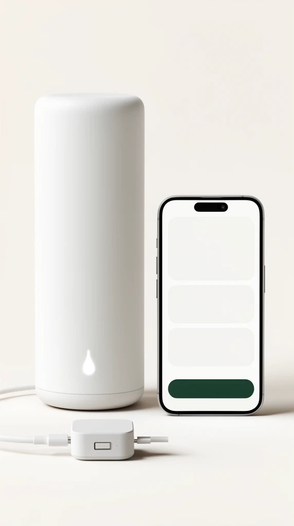 minimalist matte white cylindrical device with small glowing teardrop indicator, small square electronic hub with white cable, modern smartphone showing blank UI layout with rounded cards and dark green button, seamless off-white background, soft studio lighting, gentle drop shadows, clean modern product photography