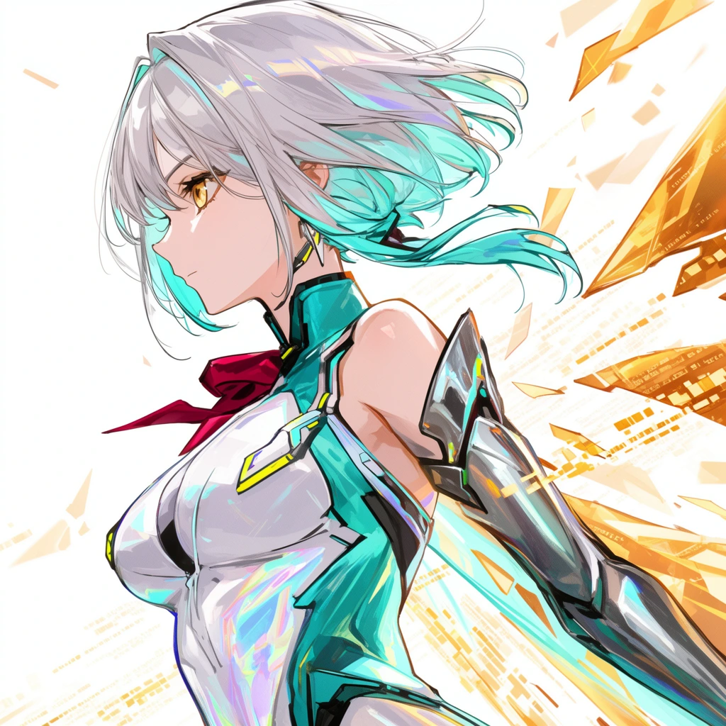 A digital anime-style illustration of a female character in profile facing left, featuring short silver-white hair with turquoise highlights and striking gold eyes. She wears a high-collared white and teal cyberpunk bodysuit with holographic accents and a crimson ribbon at her throat. Her right arm, encased in a sleek metallic gauntlet, extends downward. Glowing amber geometric shards and digital data streams float around her against a stark white background. The artwork features crisp, energetic linework layered with luminous coloring, creating a highly dynamic composition.