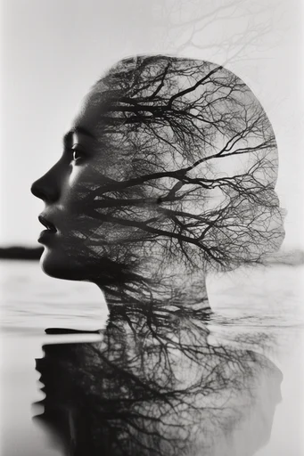 Monochrome Spectral Surrealism style reference image — double exposure portrait