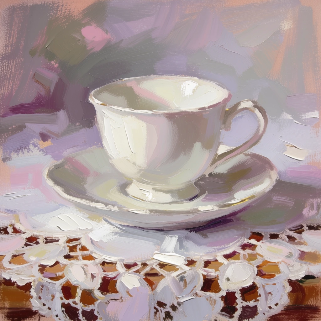White teacup and saucer on an intricate lace tablecloth, impressionistic still life painting, thick visible brushstrokes, soft lavender and grey abstract background, pastel lighting