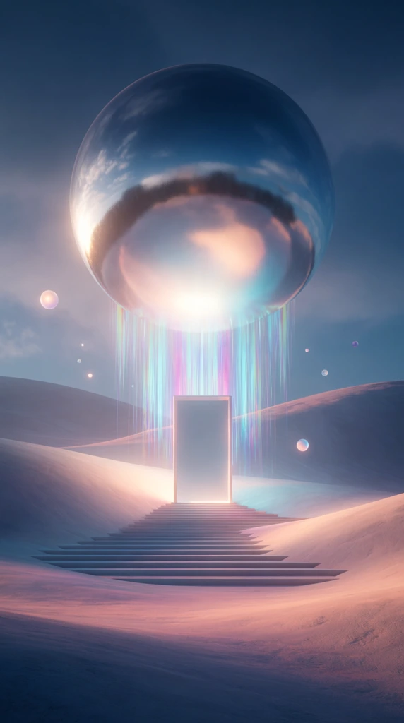 A giant reflective sphere hovers over a pale, rolling landscape, casting light onto a freestanding rectangular portal atop a wide staircase. The colossal orb acts as a mirror, reflecting a cloudy sky and central radiance. Cascading vertical streaks of iridescent cyan and magenta light rain down from its base. Wide, shallow steps emerge from the soft, dune-like terrain, leading to the glowing threshold. Small luminous orbs float in the hazy air surrounding the main sphere. The environment features smooth, undulating hills under a dusky blue sky. This 3D rendered scene uses a soft, ethereal atmosphere and cinematic lighting, casting warm peach and pink highlights across the textured ground. The color palette blends cool deep blues with warm pastel glows, emphasizing symmetry and surreal science-fiction grandeur.