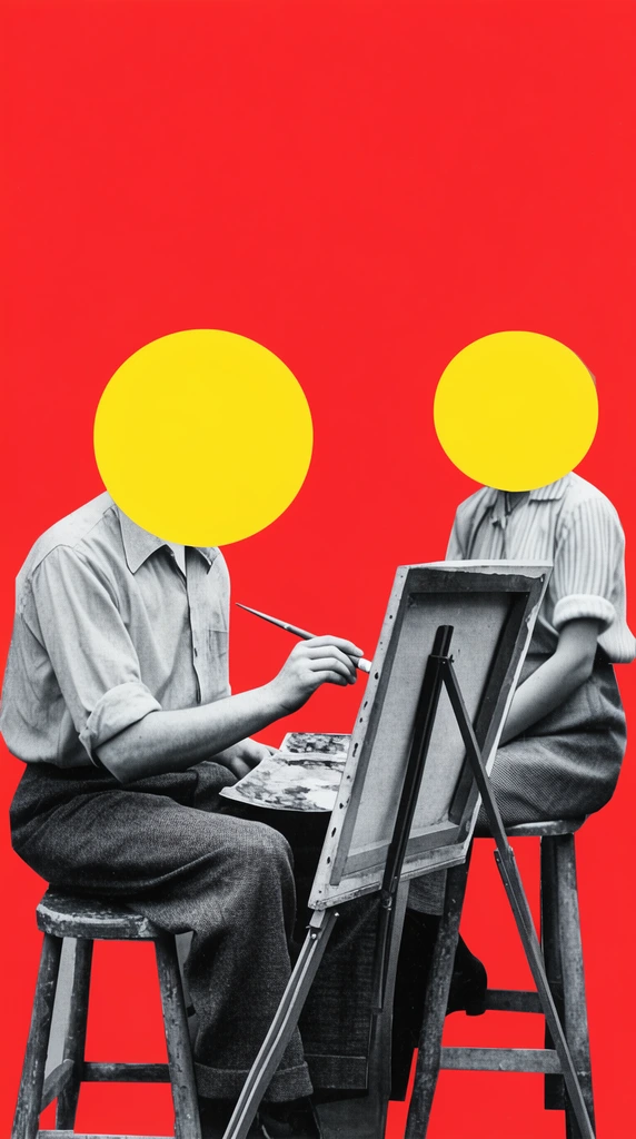 mixed media collage, vintage black-and-white photo cutouts of two seated artists on wooden stools against a flat vibrant red background, one painting at an easel, faces entirely obscured by solid yellow circles, surreal pop art juxtaposition