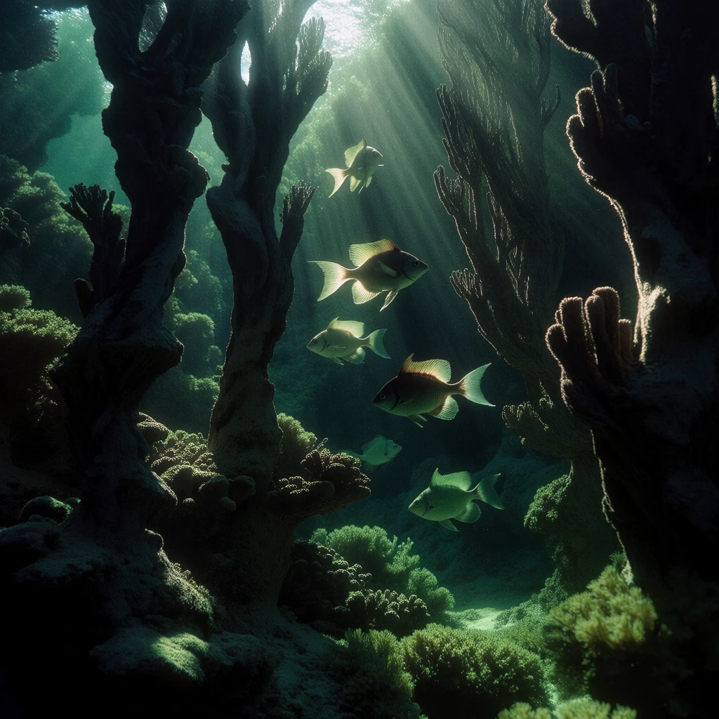 nine diaphanous fish navigating a deep underwater canyon, vertical coral monoliths framing the scene like gnarled trunks, sculptural reef floor, dramatic backlighting with brilliant chartreuse sunbeams piercing dark teal depths, high-contrast chiaroscuro, luminous rim lighting on fish and coral edges, deep obsidian shadows, atmospheric particulate haze, moody cinematic aesthetic, rich emerald and forest green color palette, sharp organic textures, vertical composition, 8k resolution.