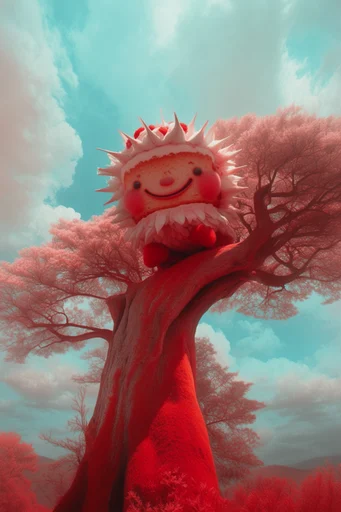 Surreal Infrared Crimson style reference image — glowing red foliage
