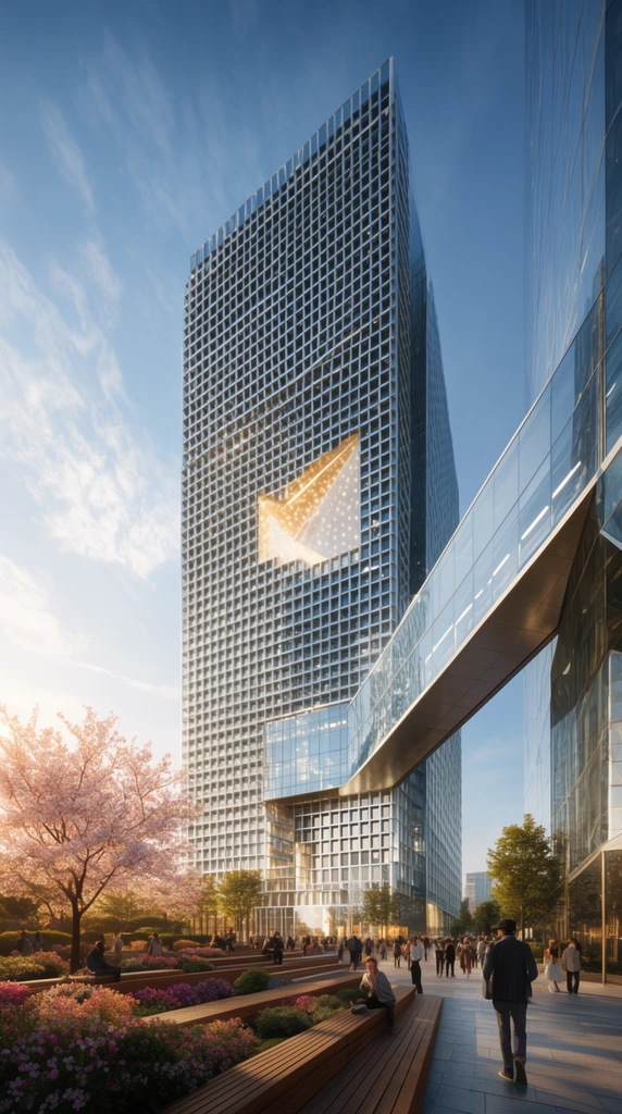 A towering modern skyscraper features a dense grid facade, a glowing geometric cutout, and a diagonal glass skybridge connecting to an adjacent building. Below, pedestrians populate a landscaped plaza with tiered wooden seating, colorful flowers, and a blooming cherry tree bathed in warm golden sunlight. The crisp, low-angle photorealistic architectural visualization captures the monumental scale of the sleek glass and steel structures against a bright blue sky with wispy clouds.